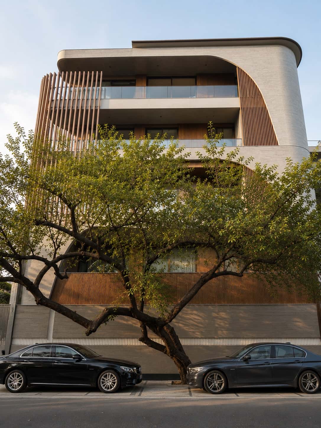 Front elevation with a curved terrace and trees: 500 sq yd 5BHK third floor builder floor in Hauz Khas Enclave